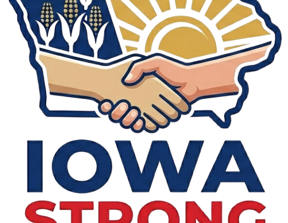 Iowa STRONG Primary Logo the state of Iowa with shaking hands